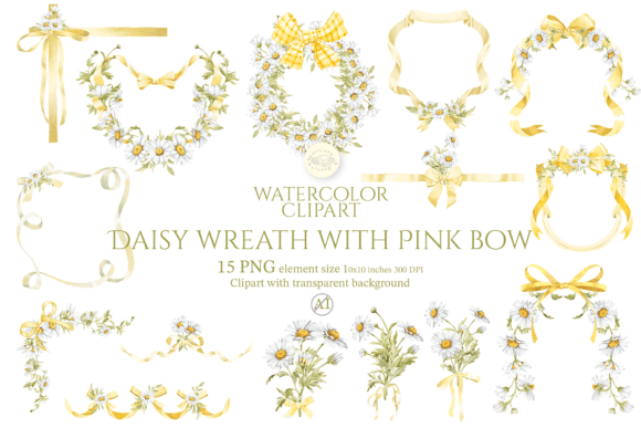 Download Watercolor Daisy Wreath with Yellow Bow - Yellow Collection