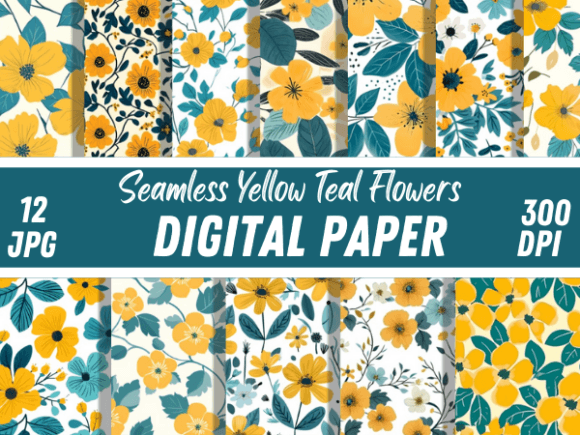Download Yellow &amp; Teal Flowers Seamless Patterns - Yellow Collection