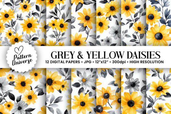 Download Grey and Yellow Watercolor Daisy Pattern - Yellow Collection